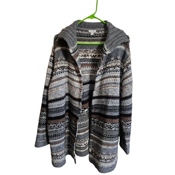 J.Jill Women’s Large Gray Striped Open Front Chunky Knit Cardigan Sweater Cozy - Picture 2 of 7